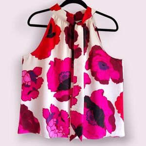Talbots Women's Floral Sleeveless Halter Top Tie Neck‎ Pink Red Size L